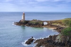 Scenic view of Petit Minou Lighthouse on the rocky coast of Plouzané, Brittany, France.