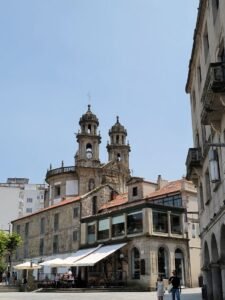 Panoramic view of the Baroque-style church in Pontevedra on a sunny day.